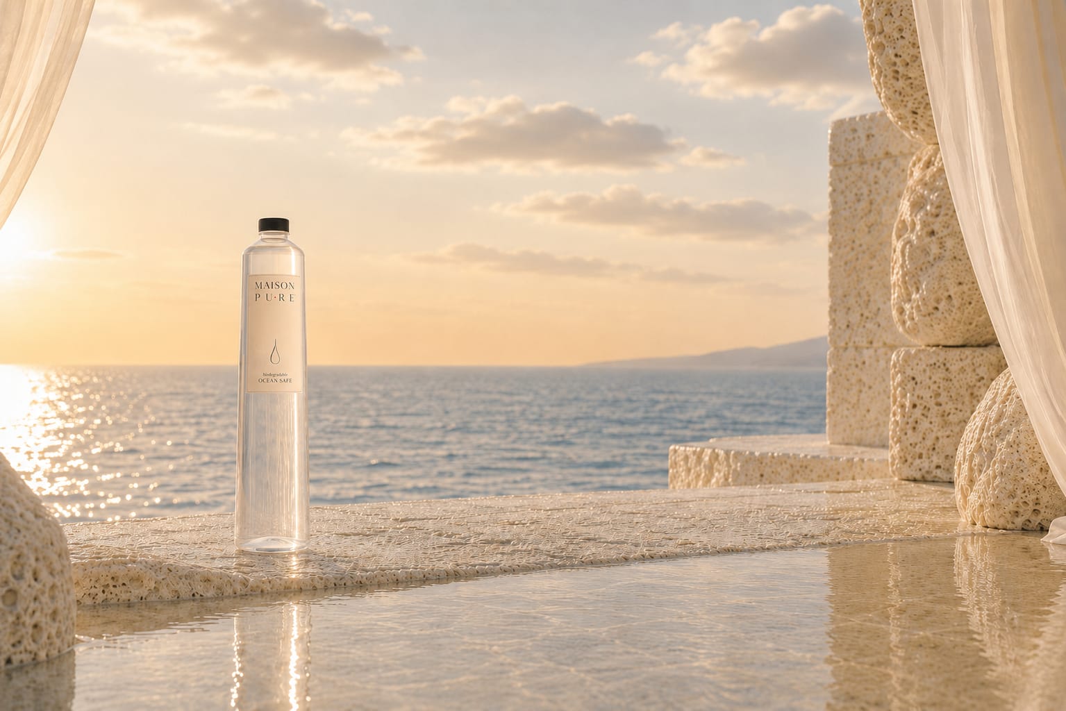 Maison Pure bottle at ocean sunset