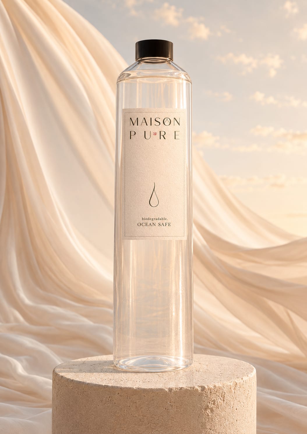 Maison Pure bottle on stone pedestal